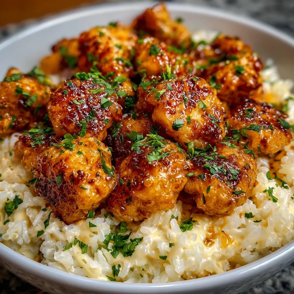 A bowl of rice with chicken bites and honey garlic sauce.
