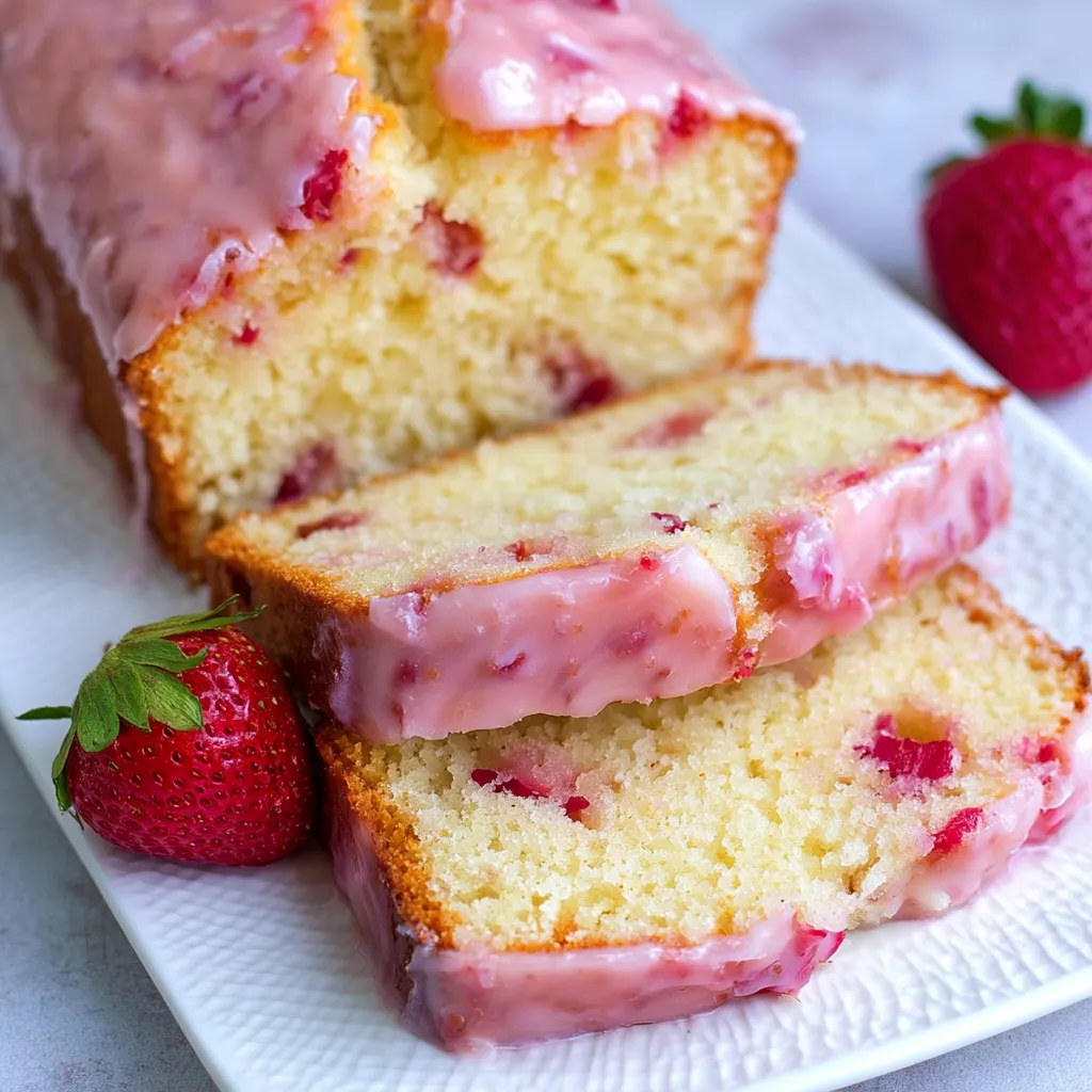 A slice of strawberry pound cake on a plate.