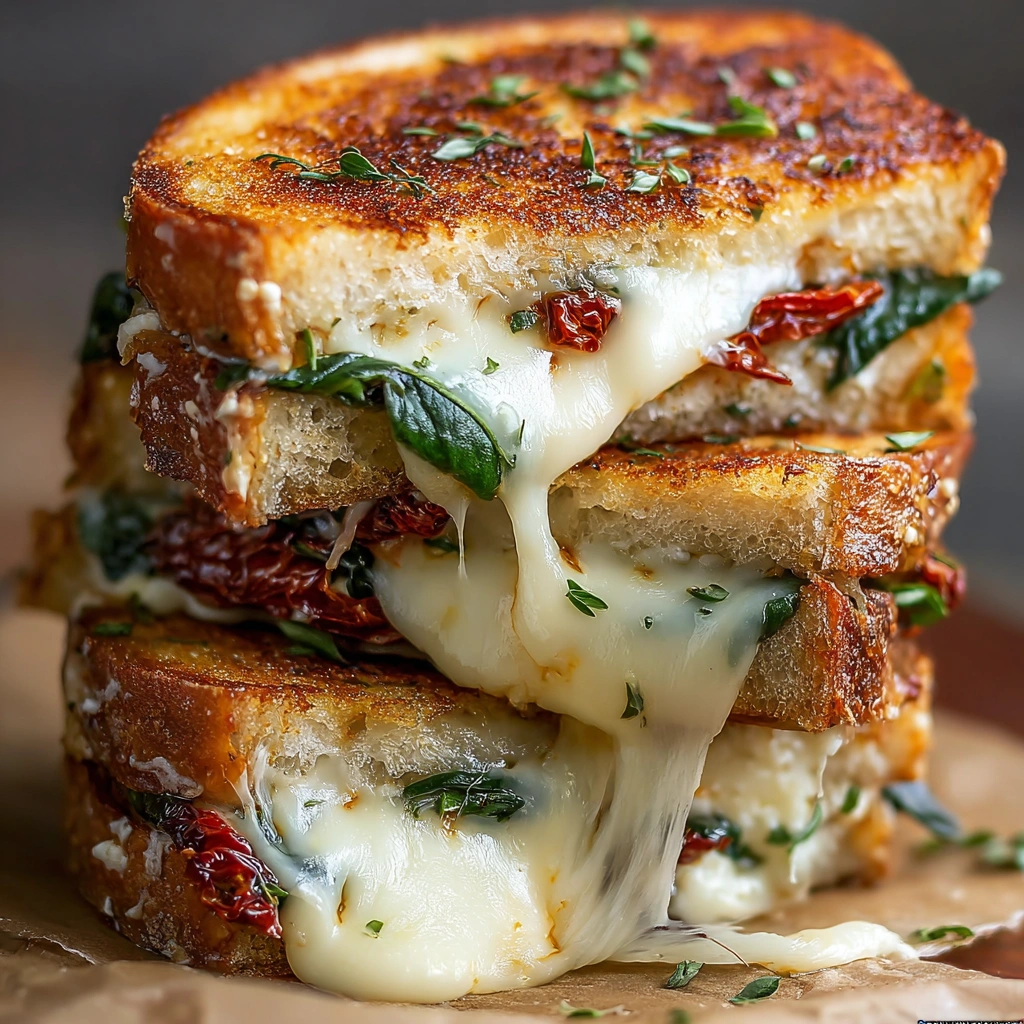 A stack of grilled cheese sandwiches with sun-dried tomato, spinach, and ricotta.