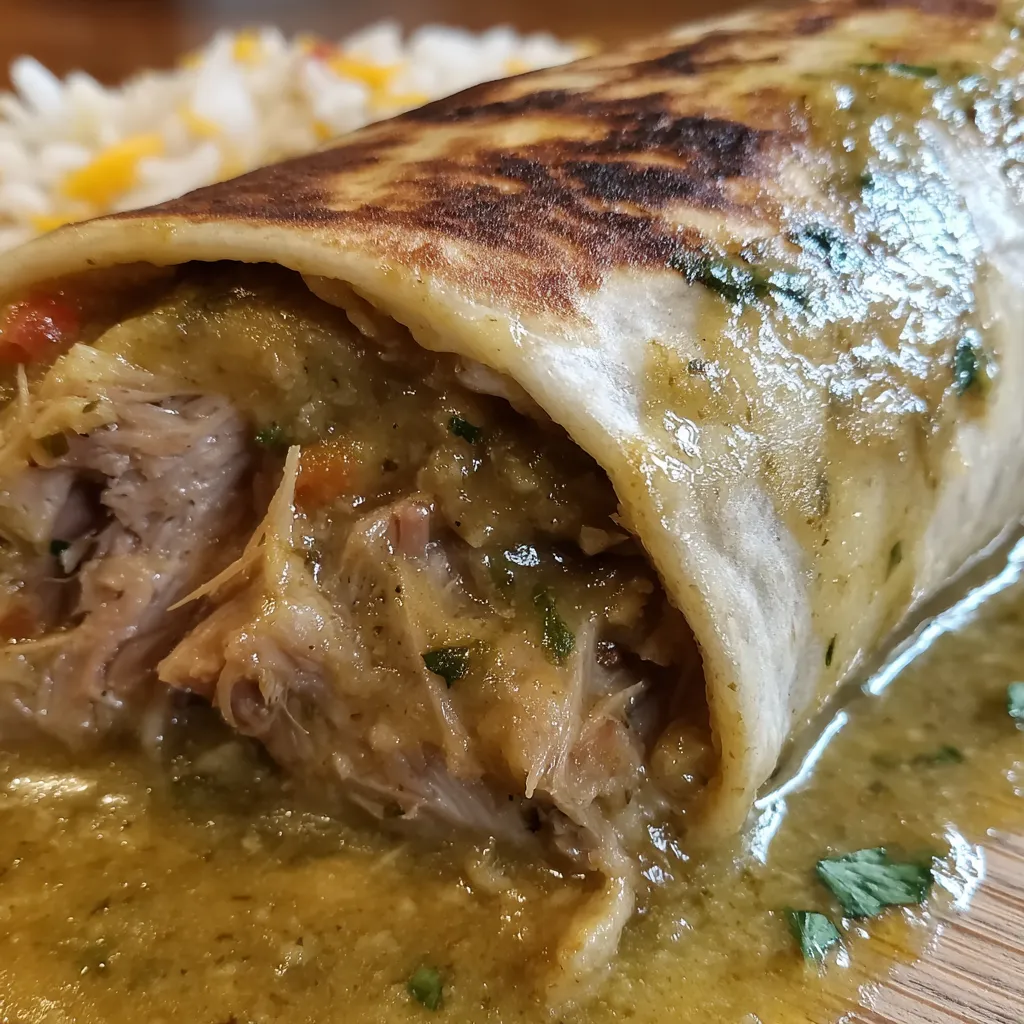 A burrito with chili verde sauce.